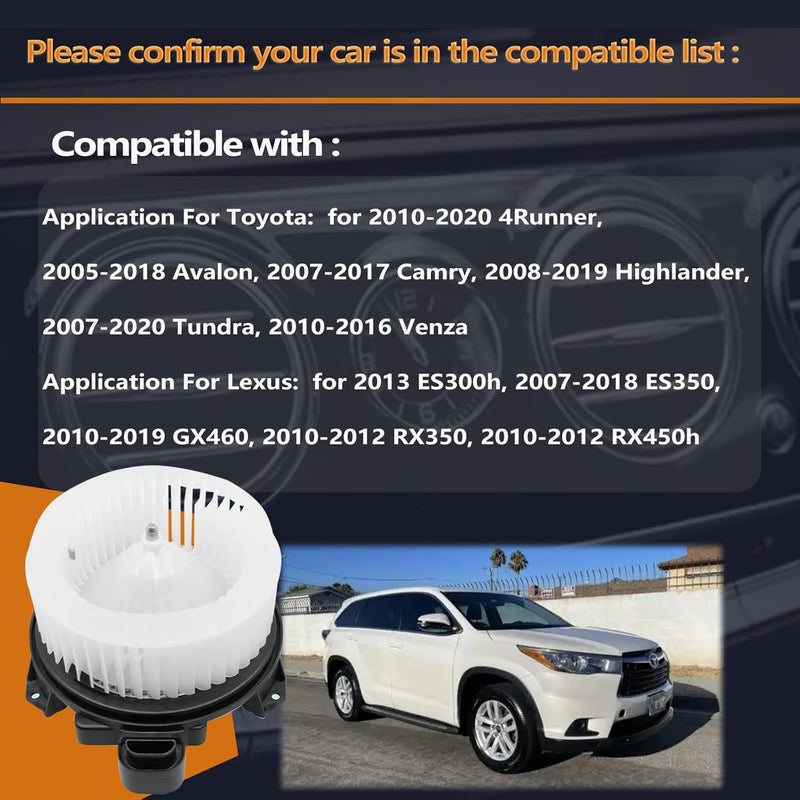 FFFauto HVAC A/C Heater Blower Motor w/Fan Cage Compatible with 2007-2019 Tundra Camry 4Runner Highlander Venza Avalon,Replaces PM9351 75830 871030E040 - Image 2